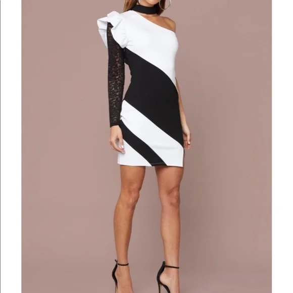 Bebe Dresses | Bebe Black & White Lace One Shoulder Ruffle Dress | Color: Black/White | Size: S | Ilyssaweshner's Closet